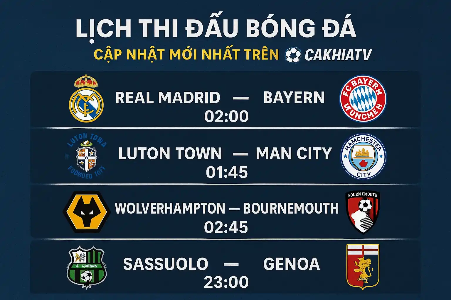 Lịch thi đấu bóng đá cập nhật mới nhất trên CakhiaTV